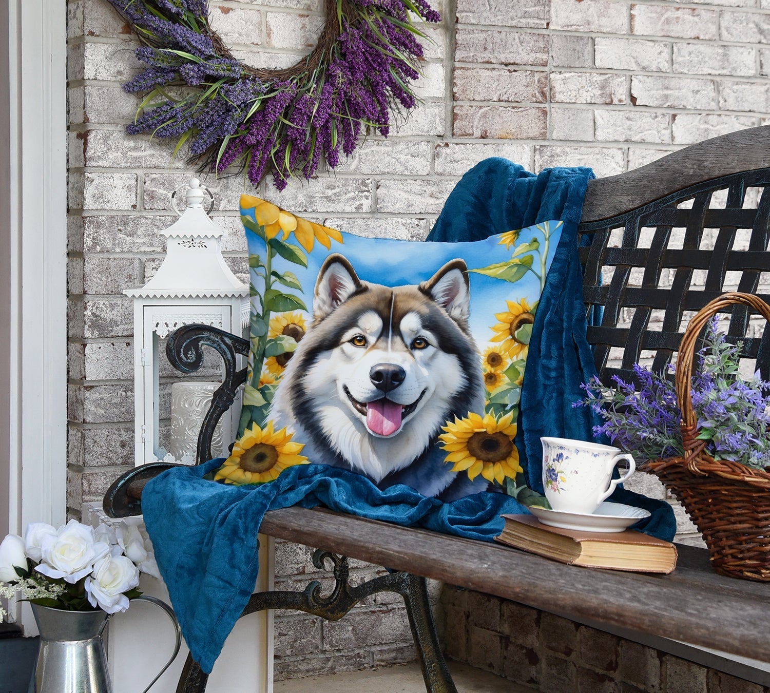 Alaskan Malamute in Sunflowers Decorative Throw Pillow 18x18 Indoor Outdoor Accent Cushion, Fabric Cover with Insert for Sofa, Bed, Porch & Living Room