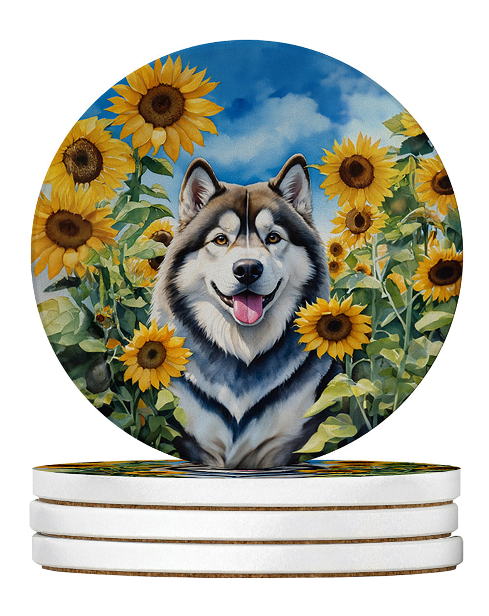 Alaskan Malamute in Sunflowers Large Sandstone Coasters Pack of 4 Absorbent Round Coasters Decor Gifts for Men or Women, 4 in, Multicolor
