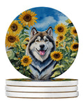 Alaskan Malamute in Sunflowers Large Sandstone Coasters Pack of 4 Absorbent Round Coasters Decor Gifts for Men or Women, 4 in, Multicolor