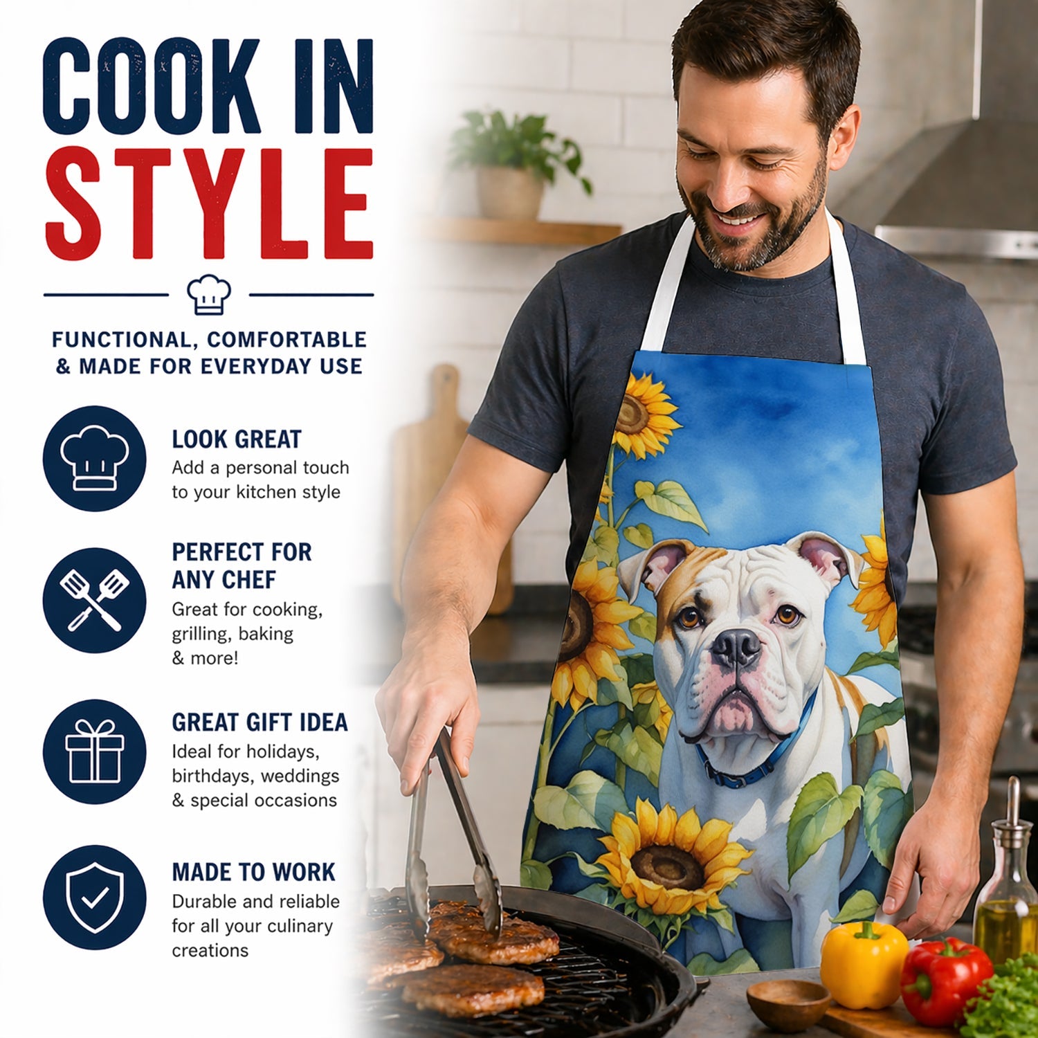American Bulldog in Sunflowers Apron Cooking Kitchen Server Baking Crafts Gardening for Adult Women Men, Unisex, Large, Multicolor