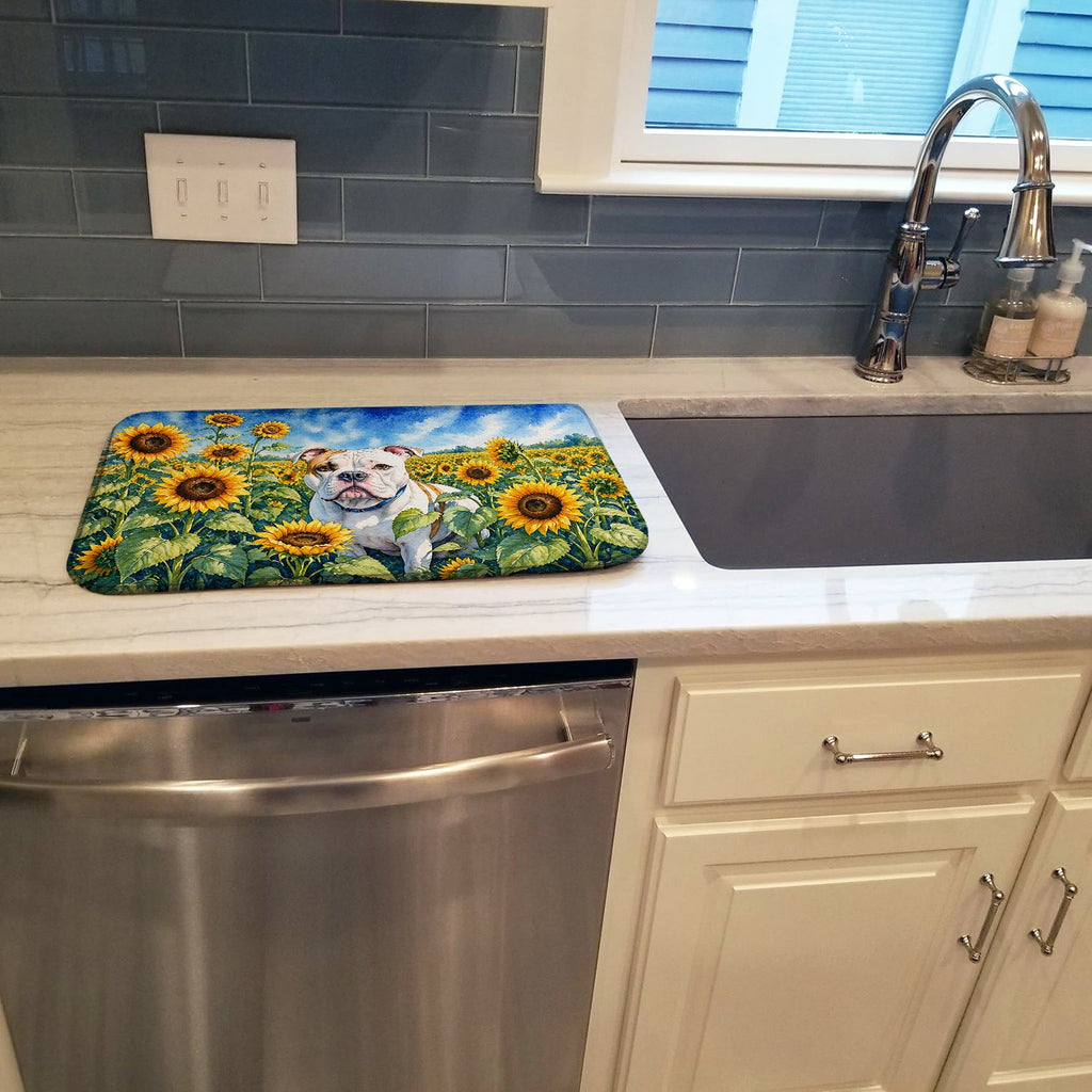 American Bulldog in Sunflowers Dish Drying Mat Absorbent Dish Drying Mat Pad for Kitchen Counter Dish Drainer Mat for Countertop, 14 x 21", Multicolor
