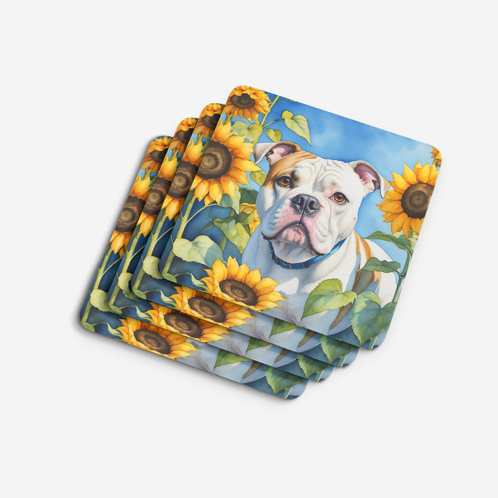 American Bulldog in Sunflowers Foam Coasters Set of 4 Cup Coasters for Indoor Outdoor, Tabletop Protection, Anti Slip, Mouse pad Material