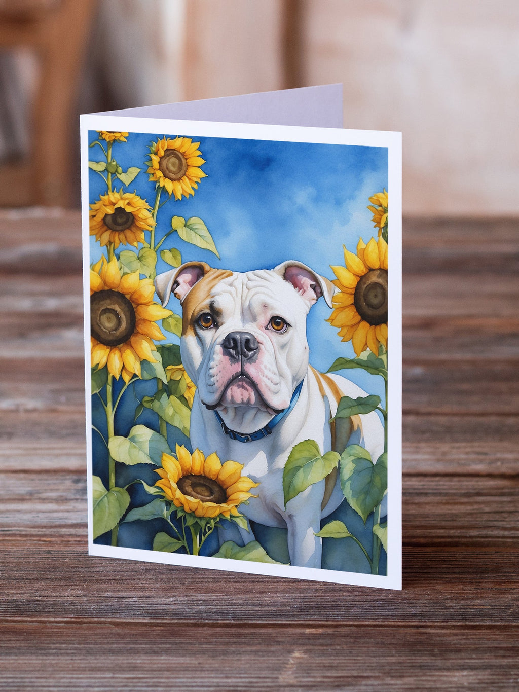 American Bulldog in Sunflowers Greeting Cards Pack of 8 Blank Cards with Envelopes Whimsical A7 Size 5x7