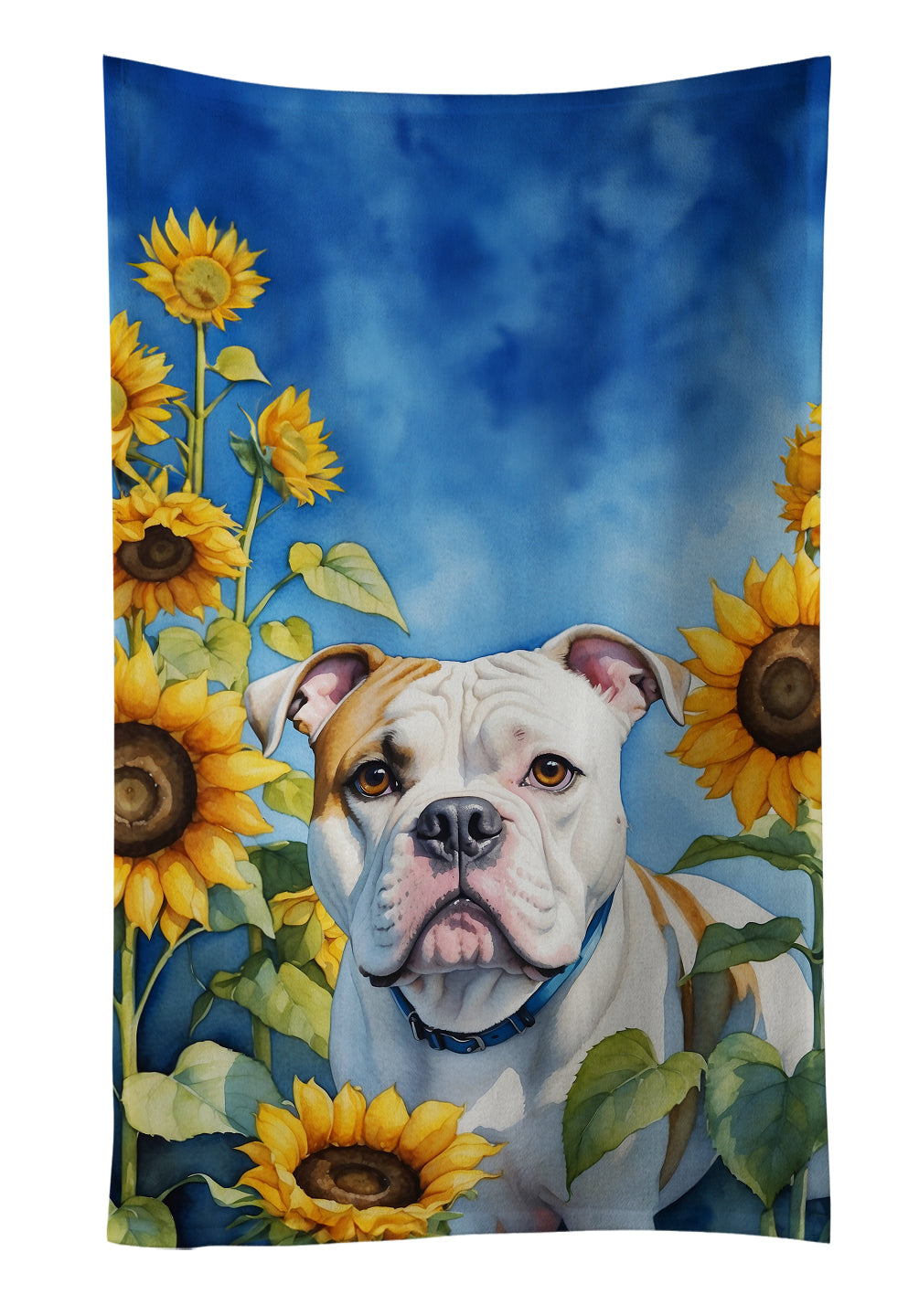 American Bulldog in Sunflowers Kitchen Towel Velour Plush Front and Cotton Loop Back Machine Washable