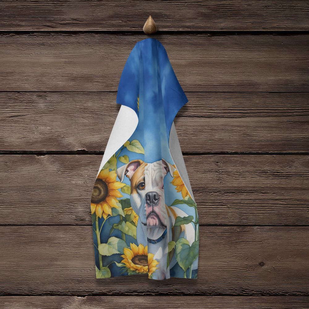 American Bulldog in Sunflowers Kitchen Towel Velour Plush Front and Cotton Loop Back Machine Washable