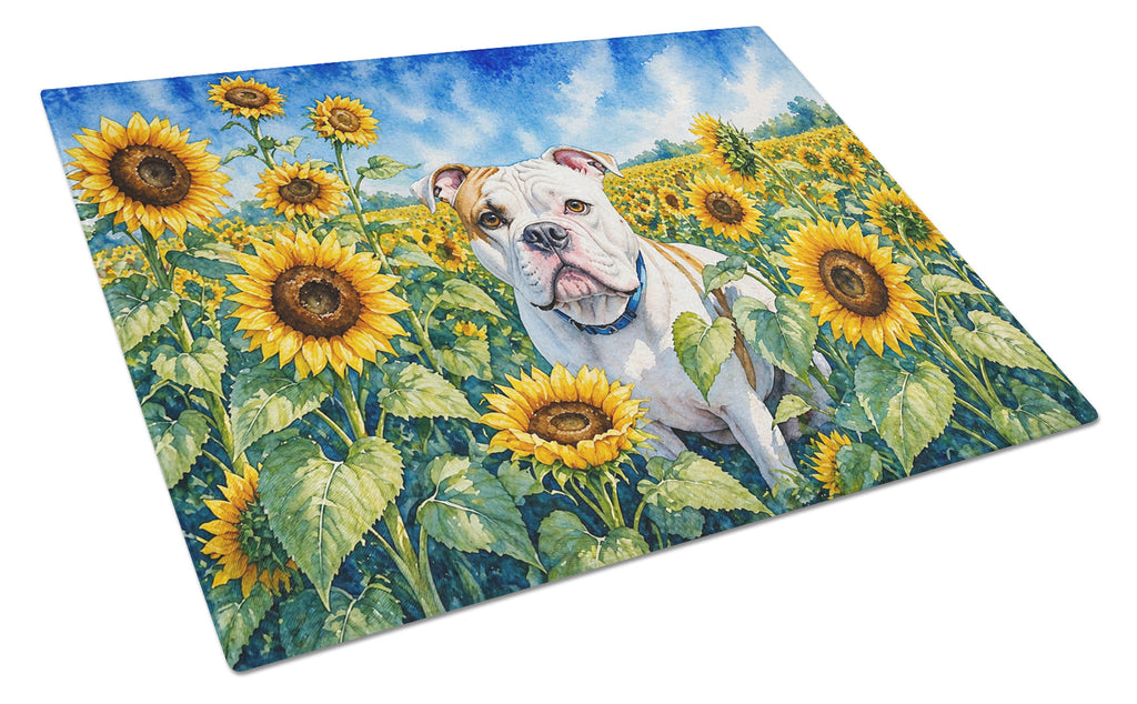 American Bulldog in Sunflowers Cutting Board Tempered Glass Kitchen Cutting Surface, Heat Resistant Chopping Board with Non-Slip Feet, Decorative Food Prep & Serving