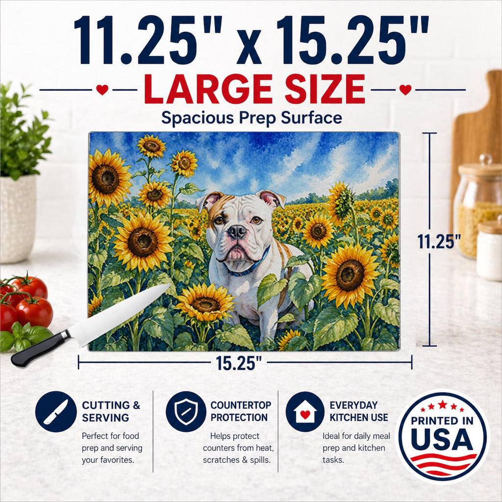 American Bulldog in Sunflowers Cutting Board Tempered Glass Kitchen Cutting Surface, Heat Resistant Chopping Board with Non-Slip Feet, Decorative Food Prep & Serving