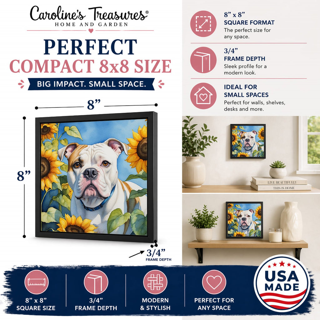 American Bulldog in Sunflowers Framed Metal Print Bathroom, Kitchen, Office, Home Decor Wall Art Ready to Hang, Square, 8X8
