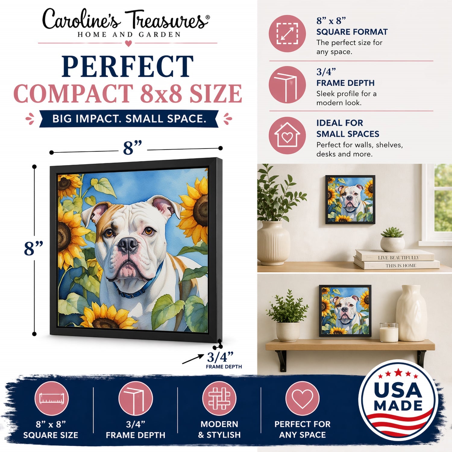 American Bulldog in Sunflowers Framed Metal Print Bathroom, Kitchen, Office, Home Decor Wall Art Ready to Hang, Square, 8X8