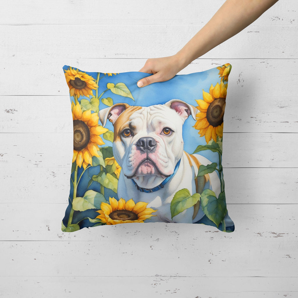 American Bulldog in Sunflowers Decorative Throw Pillow 18x18 Indoor Outdoor Accent Cushion, Fabric Cover with Insert for Sofa, Bed, Porch & Living Room