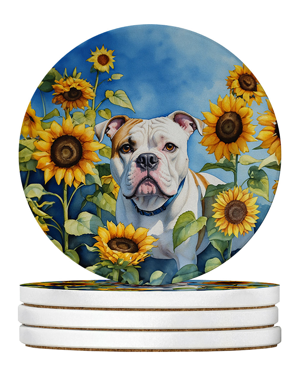 American Bulldog in Sunflowers Large Sandstone Coasters Pack of 4 Absorbent Round Coasters Decor Gifts for Men or Women, 4 in, Multicolor