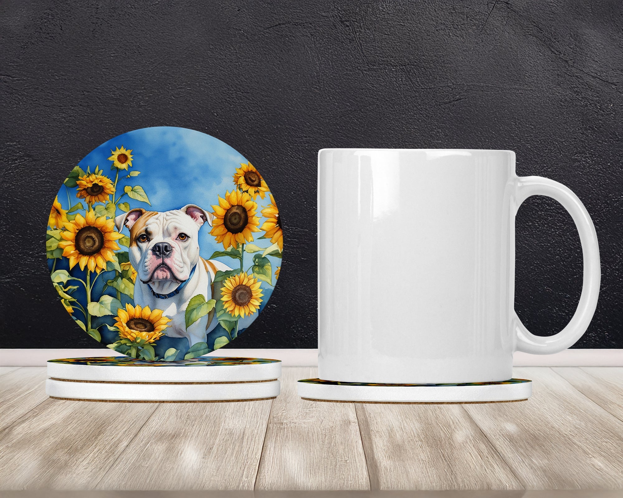American Bulldog in Sunflowers Large Sandstone Coasters Pack of 4 Absorbent Round Coasters Decor Gifts for Men or Women, 4 in, Multicolor