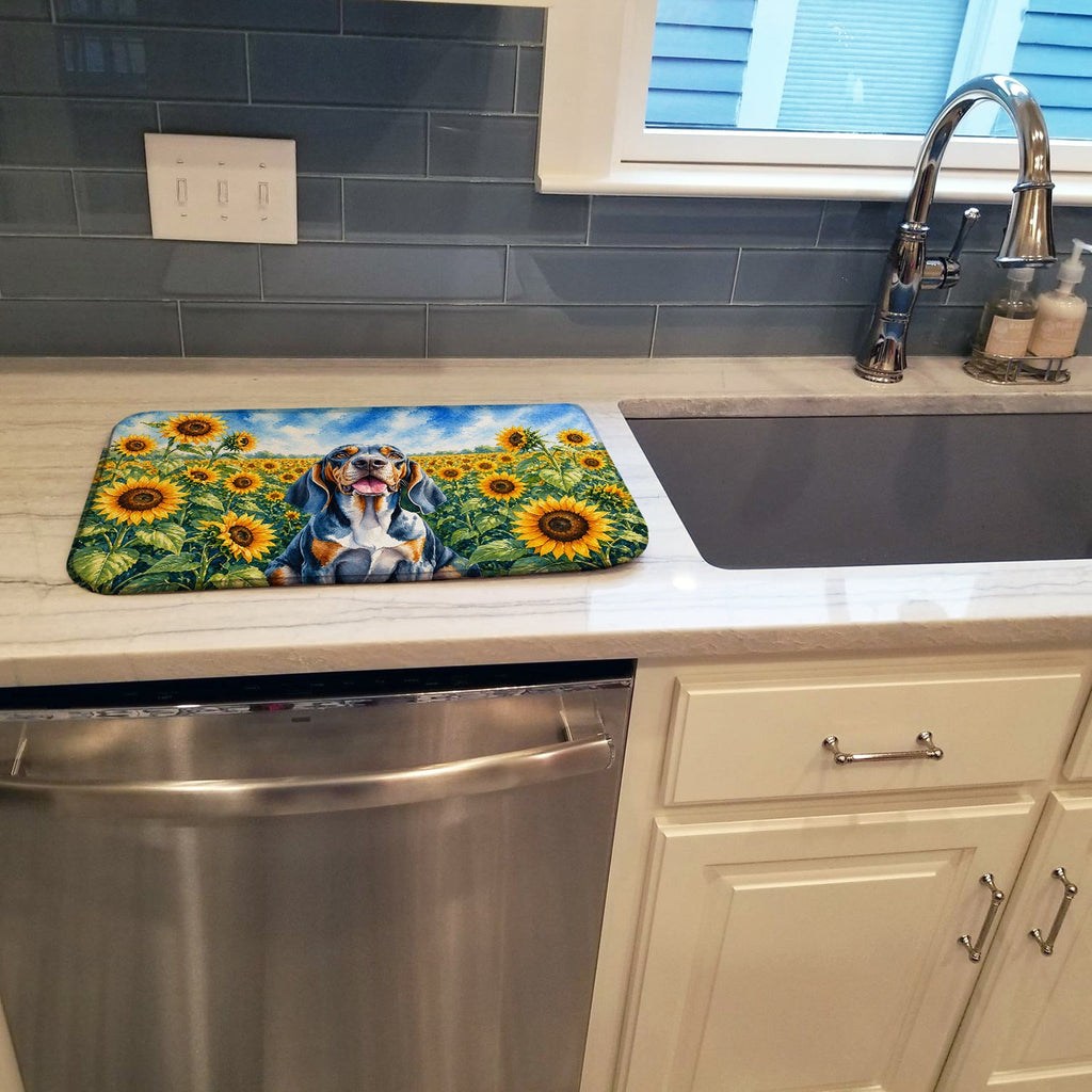 American English Coonhound in Sunflowers Dish Drying Mat Absorbent Dish Drying Mat Pad for Kitchen Counter Dish Drainer Mat for Countertop, 14 x 21", Multicolor