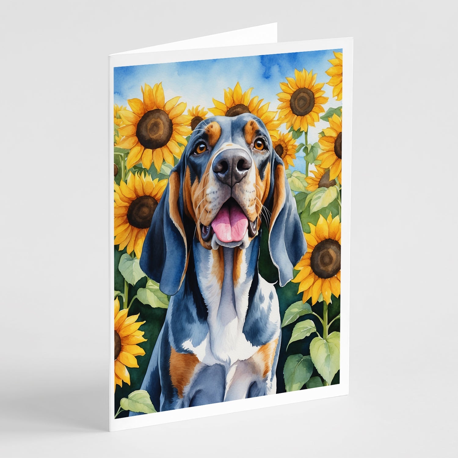 American English Coonhound in Sunflowers Greeting Cards Pack of 8 Blank Cards with Envelopes Whimsical A7 Size 5x7