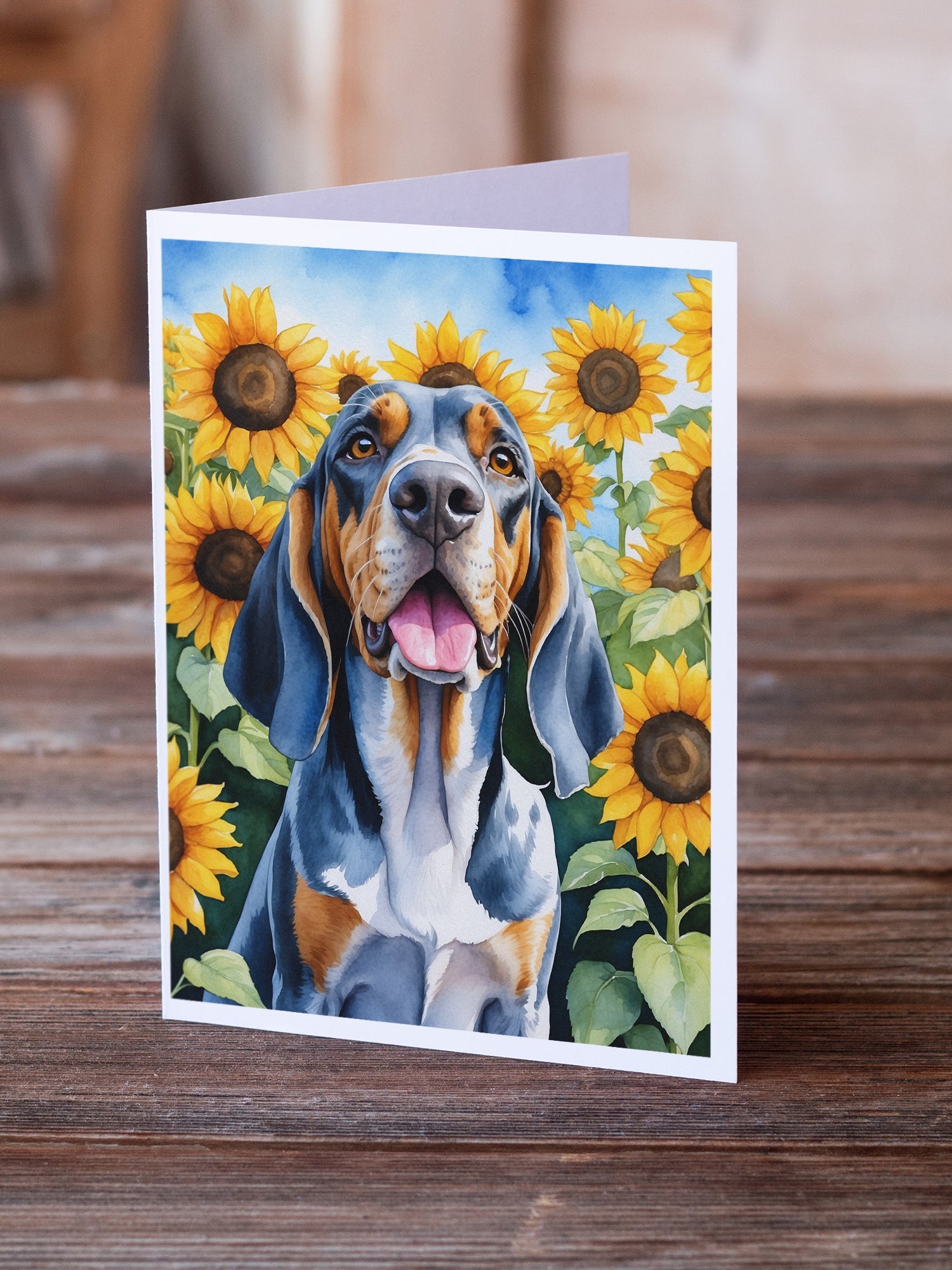 American English Coonhound in Sunflowers Greeting Cards Pack of 8 Blank Cards with Envelopes Whimsical A7 Size 5x7