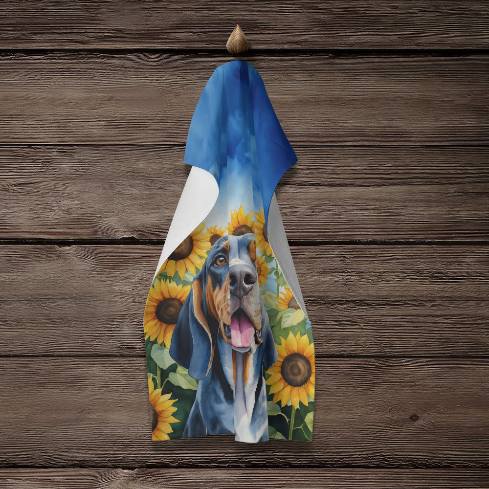 American English Coonhound in Sunflowers Kitchen Towel Velour Plush Front and Cotton Loop Back Machine Washable