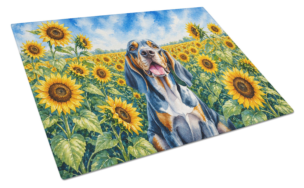 American English Coonhound in Sunflowers Cutting Board Tempered Glass Kitchen Cutting Surface, Heat Resistant Chopping Board with Non-Slip Feet, Decorative Food Prep & Serving