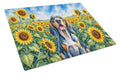 American English Coonhound in Sunflowers Cutting Board Tempered Glass Kitchen Cutting Surface, Heat Resistant Chopping Board with Non-Slip Feet, Decorative Food Prep & Serving