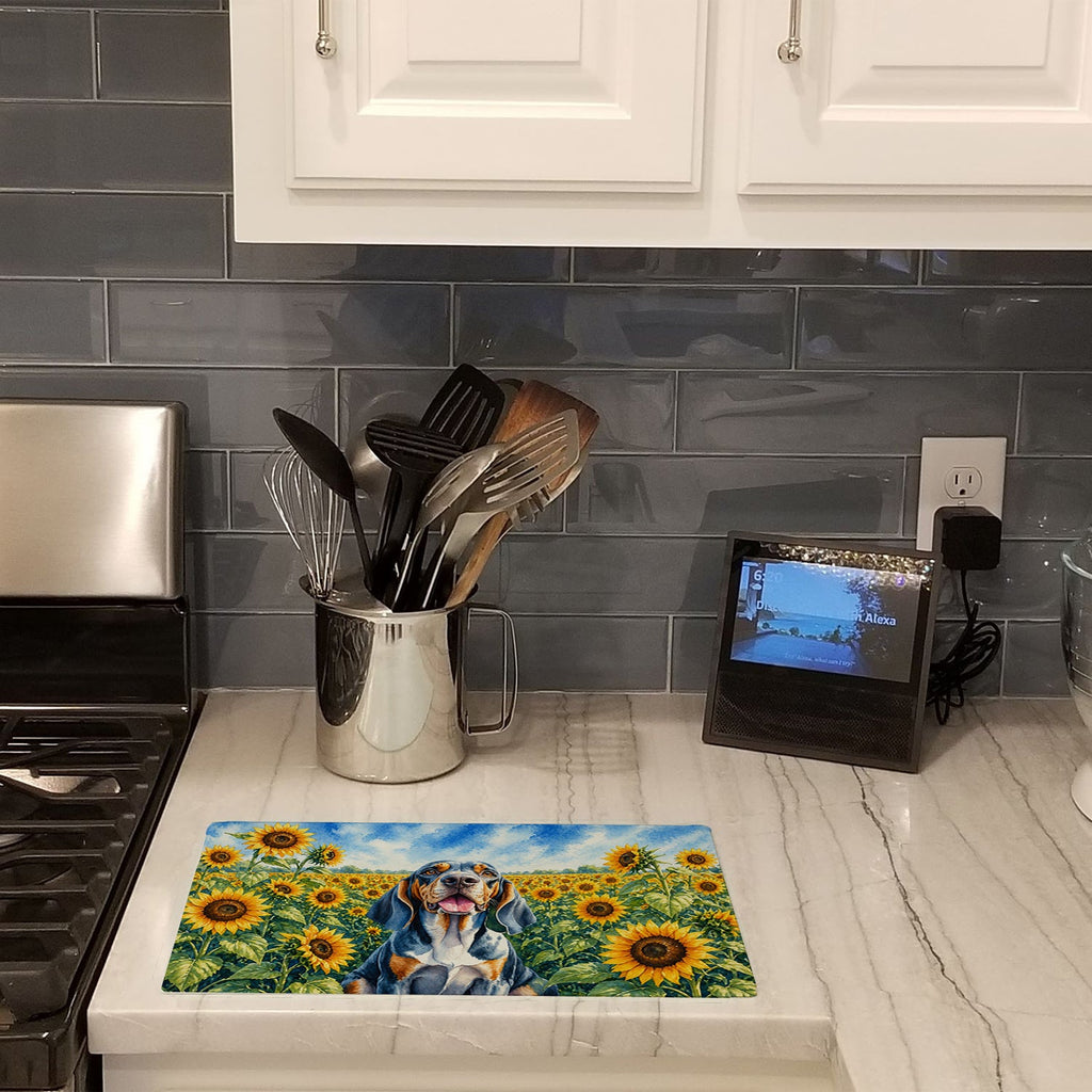 American English Coonhound in Sunflowers Cutting Board Tempered Glass Kitchen Cutting Surface, Heat Resistant Chopping Board with Non-Slip Feet, Decorative Food Prep & Serving