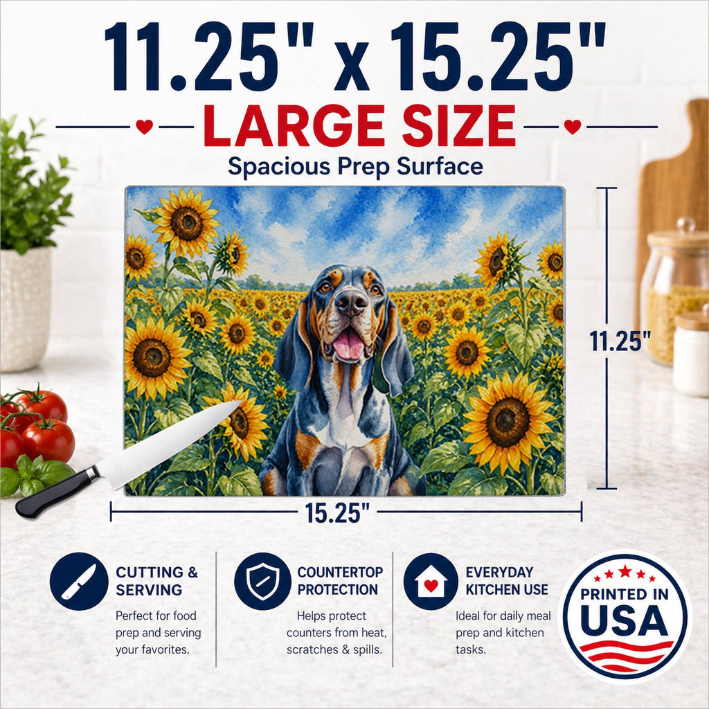 American English Coonhound in Sunflowers Cutting Board Tempered Glass Kitchen Cutting Surface, Heat Resistant Chopping Board with Non-Slip Feet, Decorative Food Prep & Serving