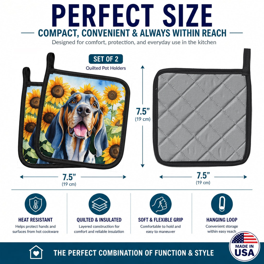 American English Coonhound in Sunflowers Pot Holder Set of 2 Heat Resistant Quilted Hot Pads 7.5 x 7.5 Inch, Insulated Kitchen Trivets for Cooking & Baking