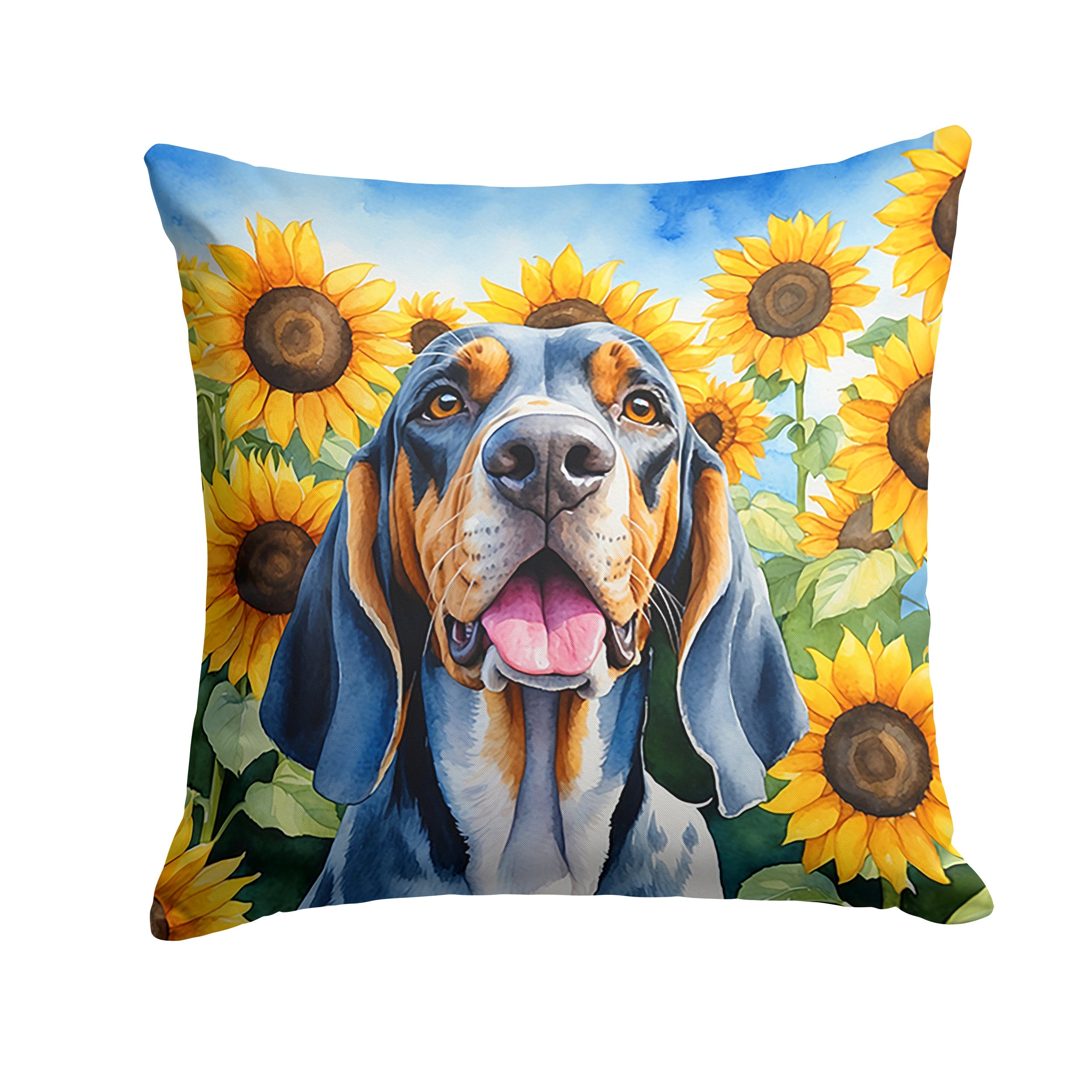 American English Coonhound in Sunflowers Decorative Throw Pillow 14x14 Indoor Outdoor Accent Cushion, Fabric Cover with Insert for Sofa, Bed, Porch & Living Room