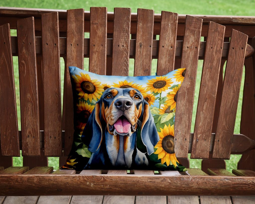 American English Coonhound in Sunflowers Decorative Throw Pillow 14x14 Indoor Outdoor Accent Cushion, Fabric Cover with Insert for Sofa, Bed, Porch & Living Room