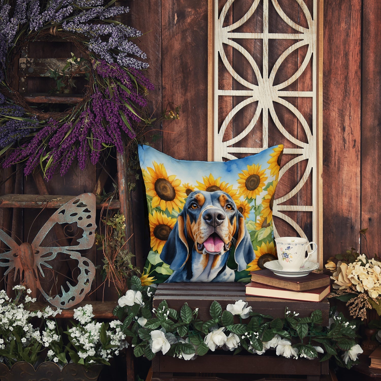 American English Coonhound in Sunflowers Decorative Throw Pillow 14x14 Indoor Outdoor Accent Cushion, Fabric Cover with Insert for Sofa, Bed, Porch & Living Room