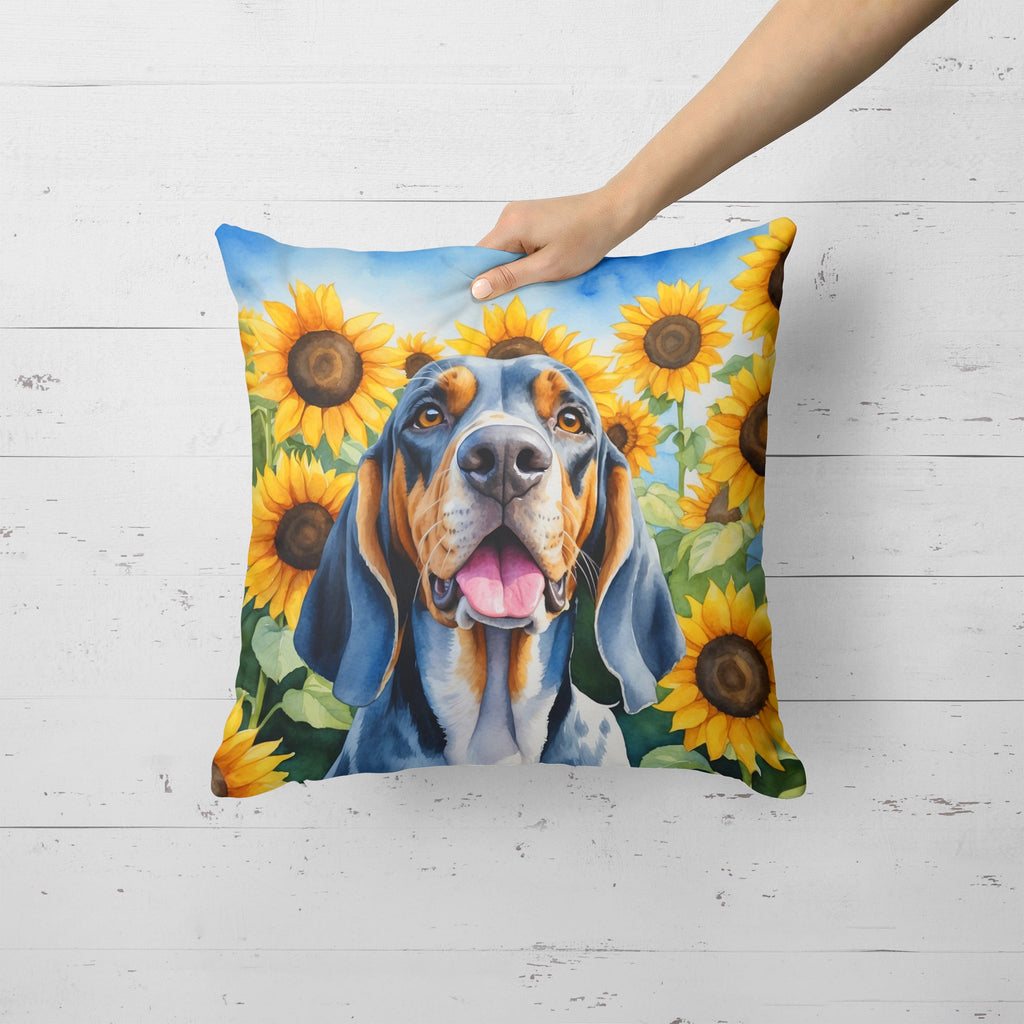 American English Coonhound in Sunflowers Decorative Throw Pillow 18x18 Indoor Outdoor Accent Cushion, Fabric Cover with Insert for Sofa, Bed, Porch & Living Room