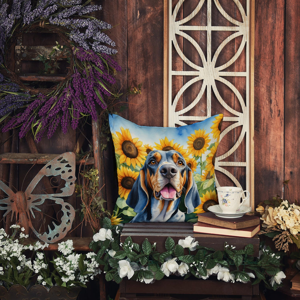 American English Coonhound in Sunflowers Decorative Throw Pillow 18x18 Indoor Outdoor Accent Cushion, Fabric Cover with Insert for Sofa, Bed, Porch & Living Room