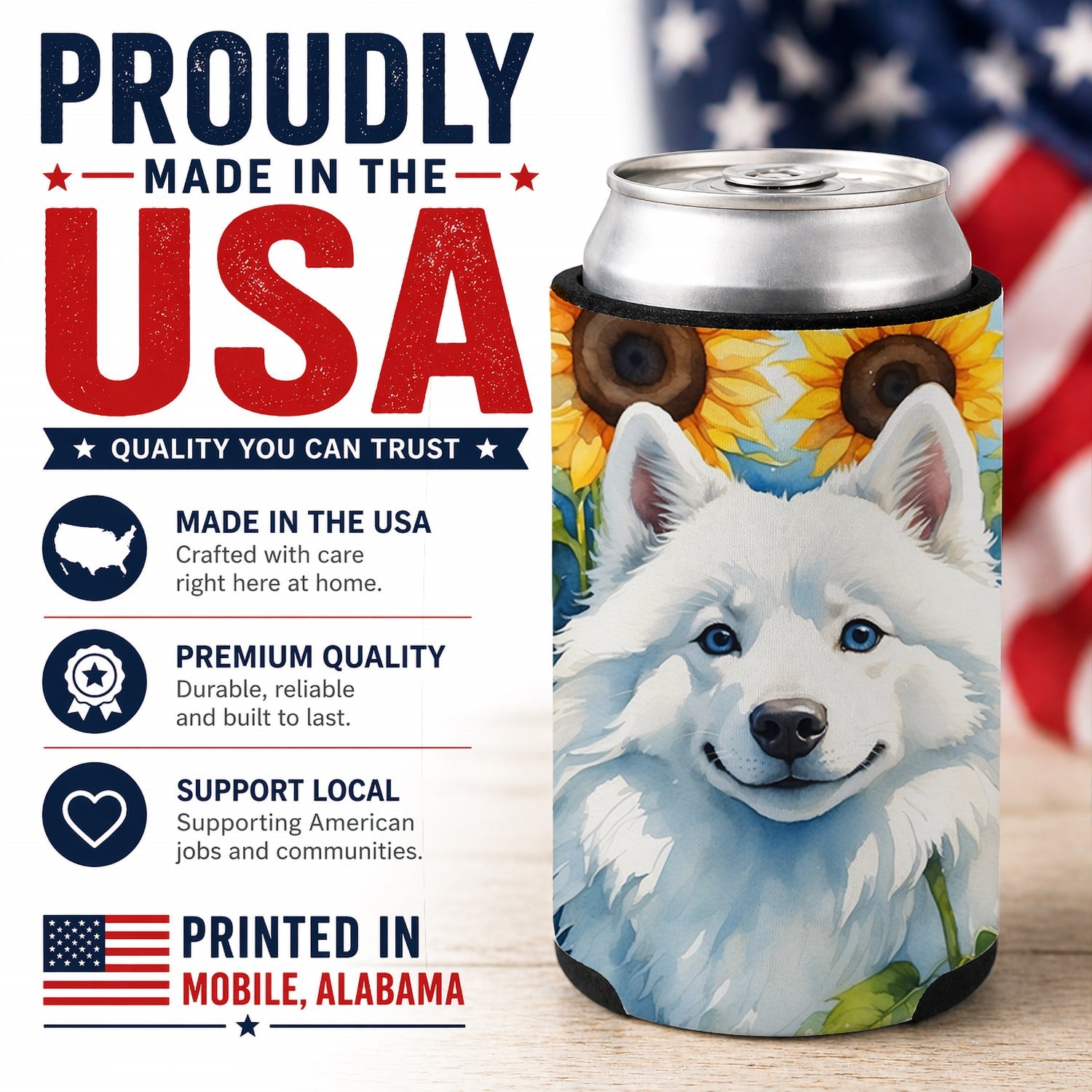 American Eskimo in Sunflowers Can or Bottle Hugger Cooler Sleeve for Standard 12 oz Cans, Insulated Foam Beer & Soda Can Hugger Reusable