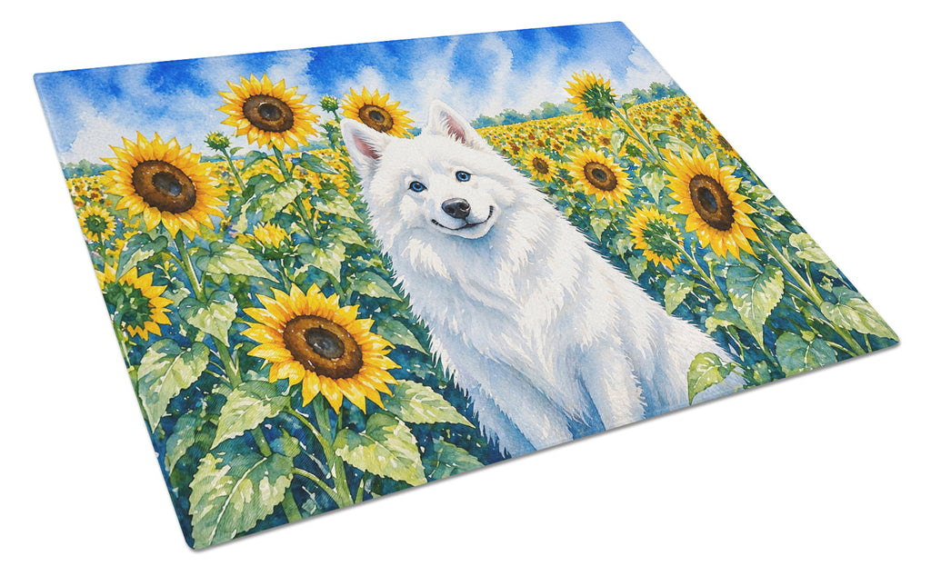 American Eskimo in Sunflowers Cutting Board Tempered Glass Kitchen Cutting Surface, Heat Resistant Chopping Board with Non-Slip Feet, Decorative Food Prep & Serving