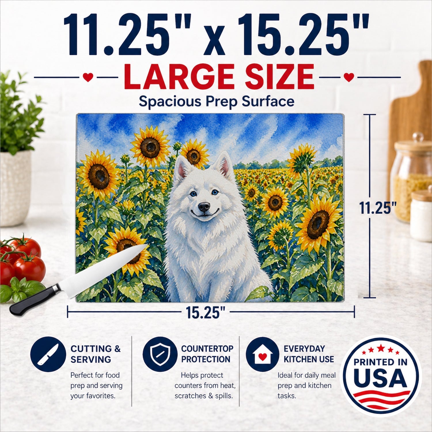 American Eskimo in Sunflowers Cutting Board Tempered Glass Kitchen Cutting Surface, Heat Resistant Chopping Board with Non-Slip Feet, Decorative Food Prep & Serving