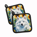 American Eskimo in Sunflowers Pot Holder Set of 2 Heat Resistant Quilted Hot Pads 7.5 x 7.5 Inch, Insulated Kitchen Trivets for Cooking & Baking