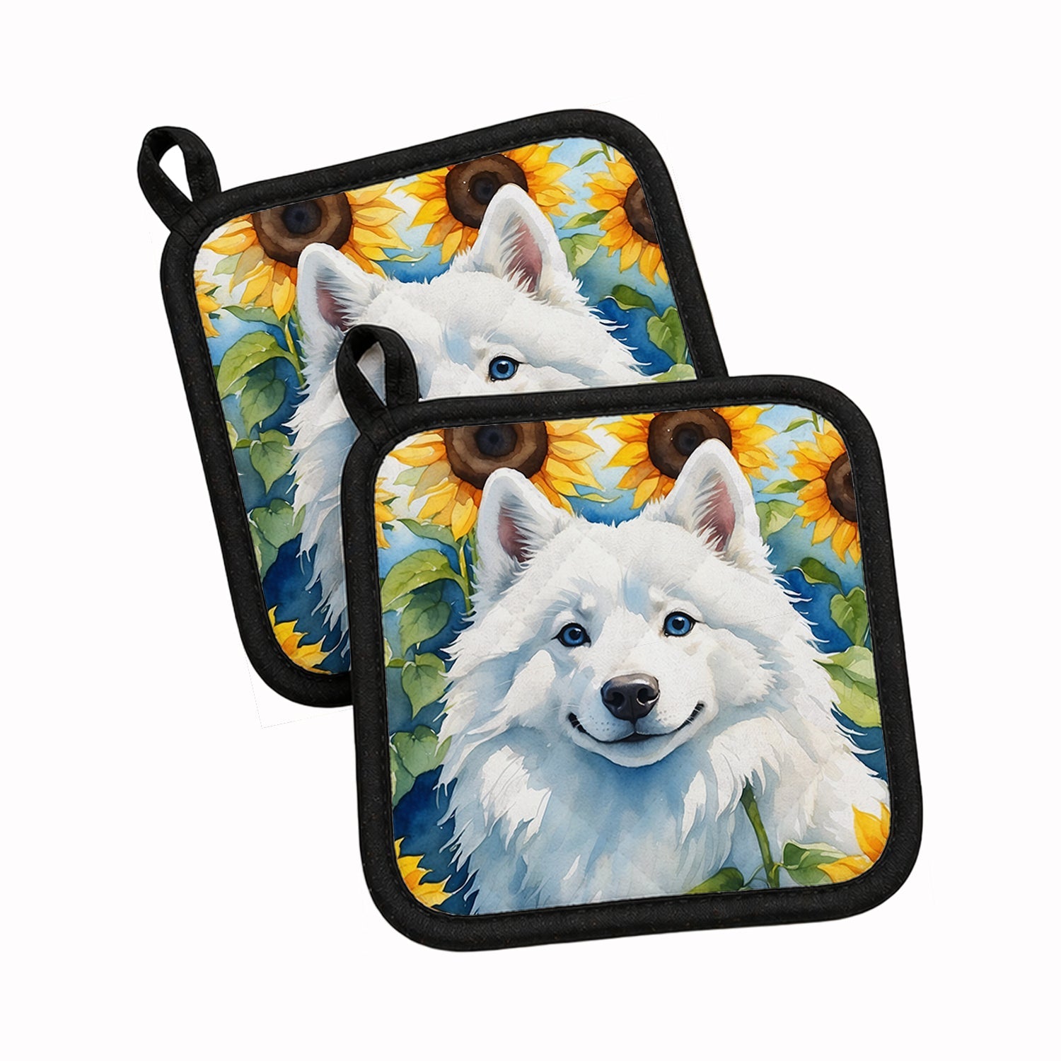 American Eskimo in Sunflowers Pot Holder Set of 2 Heat Resistant Quilted Hot Pads 7.5 x 7.5 Inch, Insulated Kitchen Trivets for Cooking & Baking