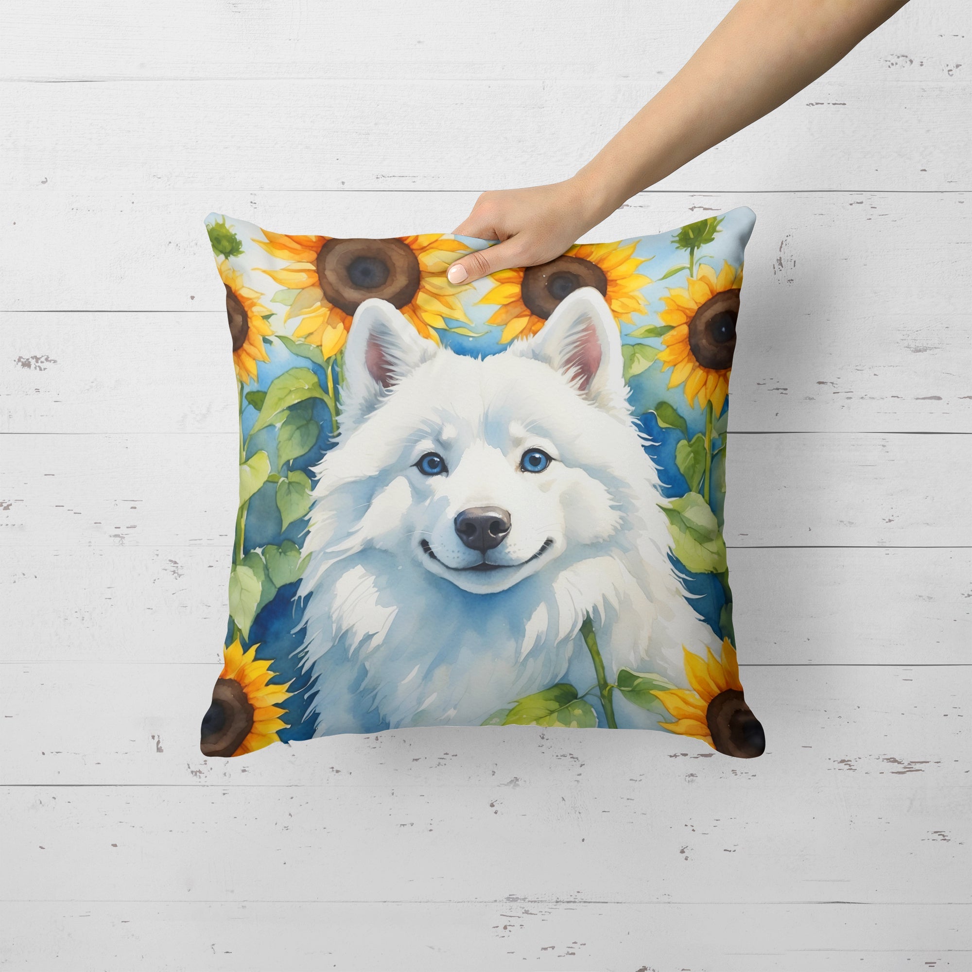 American Eskimo in Sunflowers Decorative Throw Pillow 18x18 Indoor Outdoor Accent Cushion, Fabric Cover with Insert for Sofa, Bed, Porch & Living Room