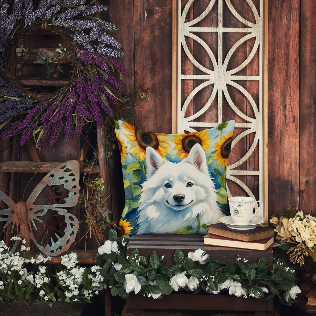 American Eskimo in Sunflowers Decorative Throw Pillow 18x18 Indoor Outdoor Accent Cushion, Fabric Cover with Insert for Sofa, Bed, Porch & Living Room