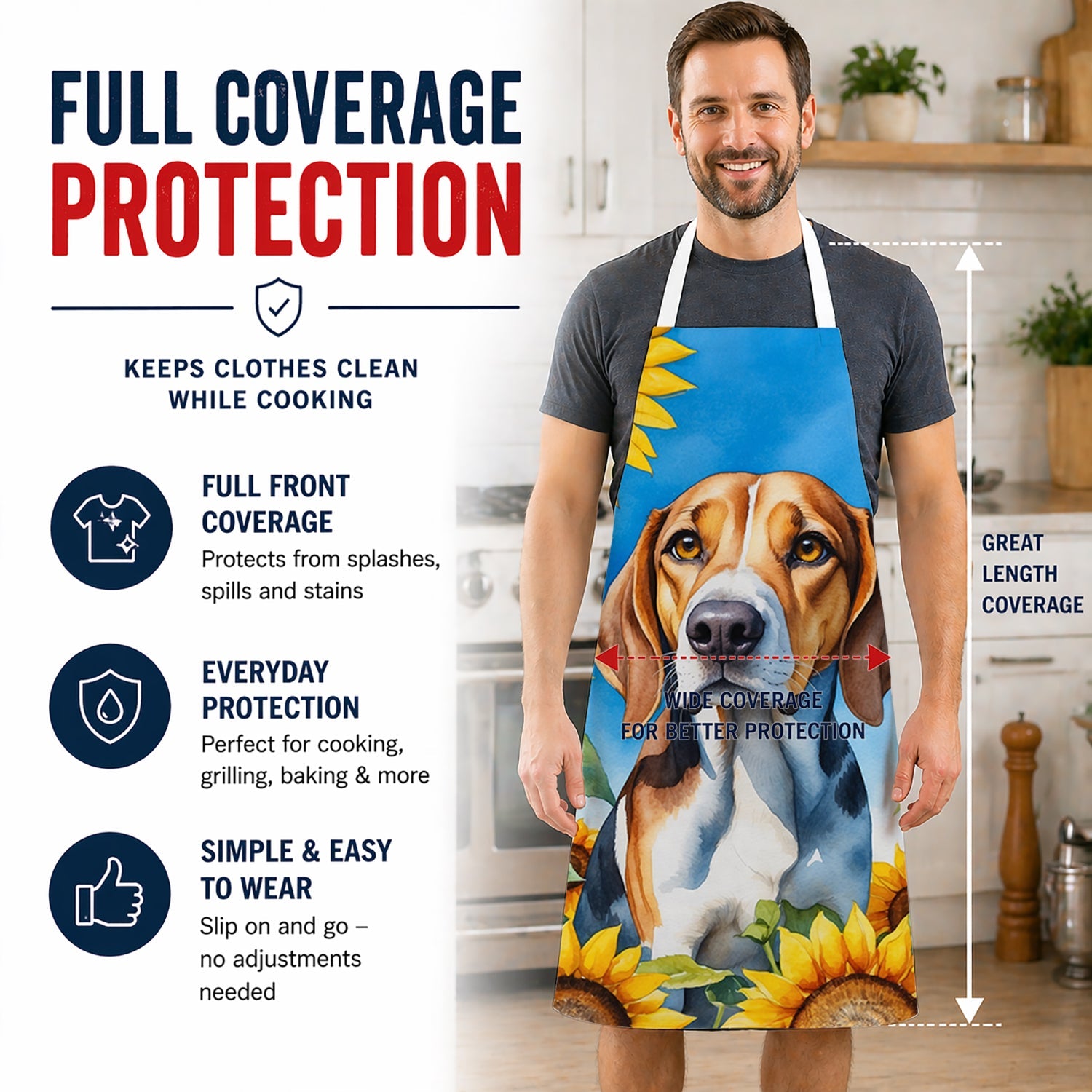 American Foxhound in Sunflowers Apron Cooking Kitchen Server Baking Crafts Gardening for Adult Women Men, Unisex, Large, Multicolor