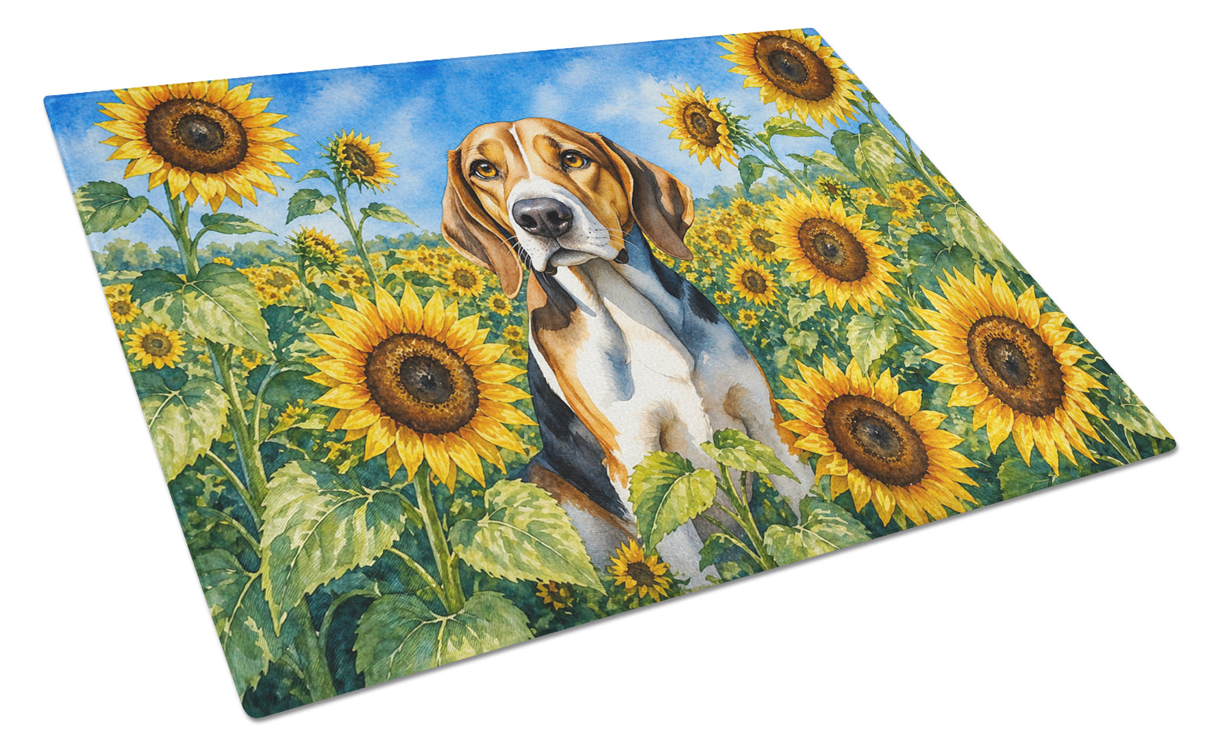 American Foxhound in Sunflowers Cutting Board Tempered Glass Kitchen Cutting Surface, Heat Resistant Chopping Board with Non-Slip Feet, Decorative Food Prep & Serving