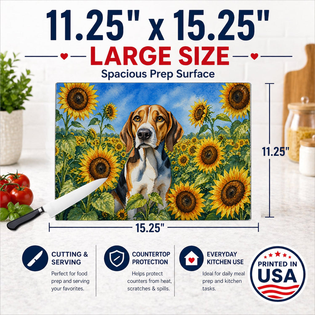 American Foxhound in Sunflowers Cutting Board Tempered Glass Kitchen Cutting Surface, Heat Resistant Chopping Board with Non-Slip Feet, Decorative Food Prep & Serving