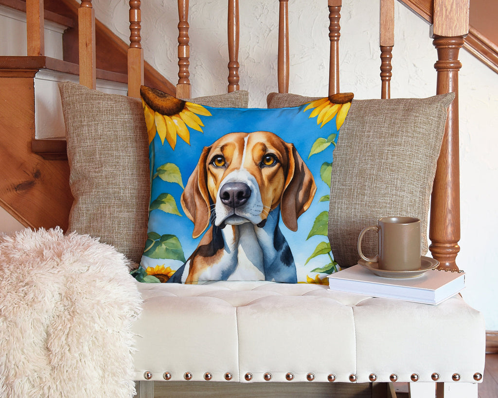 American Foxhound in Sunflowers Decorative Throw Pillow 14x14 Indoor Outdoor Accent Cushion, Fabric Cover with Insert for Sofa, Bed, Porch & Living Room
