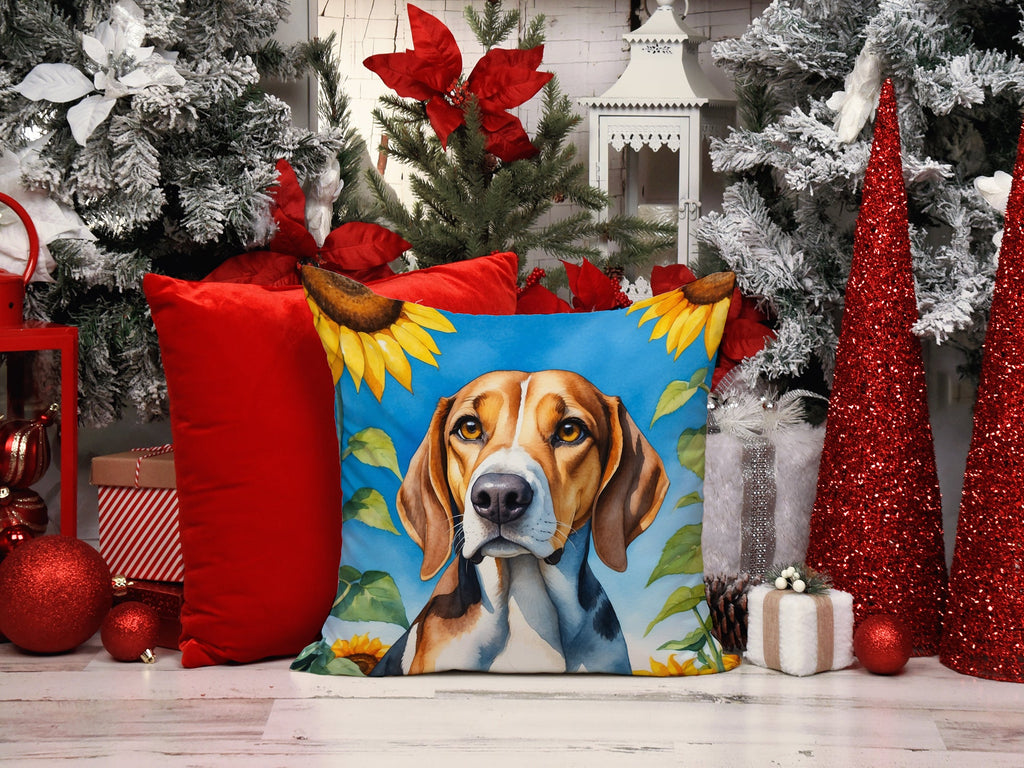 American Foxhound in Sunflowers Decorative Throw Pillow 14x14 Indoor Outdoor Accent Cushion, Fabric Cover with Insert for Sofa, Bed, Porch & Living Room