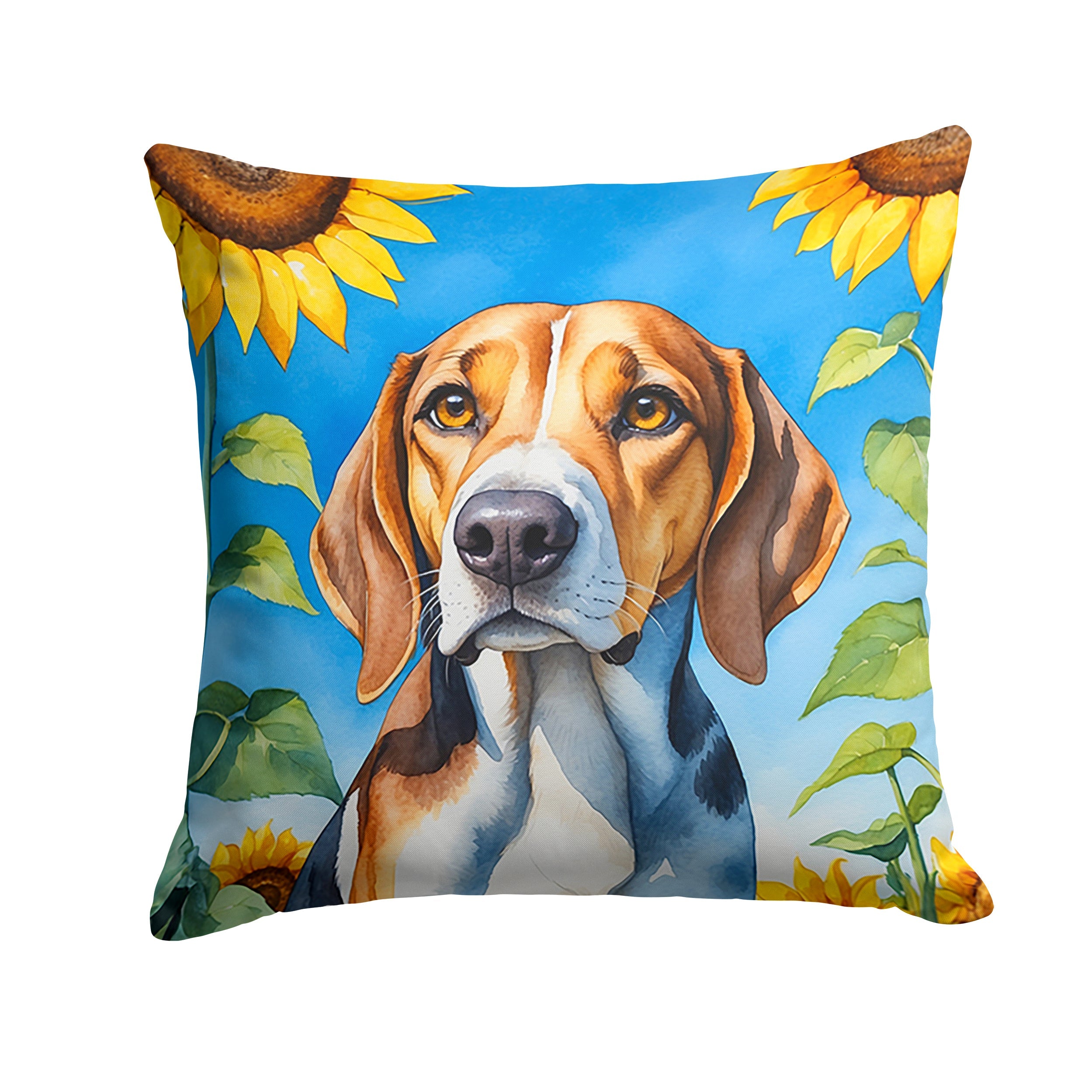 American Foxhound in Sunflowers Decorative Throw Pillow 18x18 Indoor Outdoor Accent Cushion, Fabric Cover with Insert for Sofa, Bed, Porch & Living Room