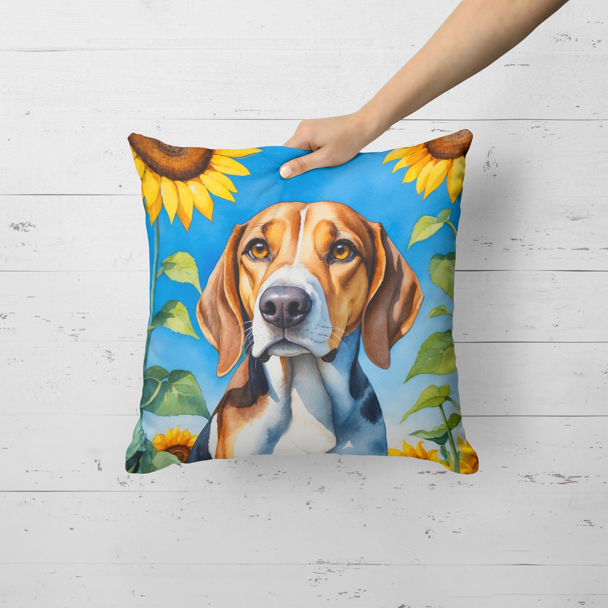 American Foxhound in Sunflowers Decorative Throw Pillow 18x18 Indoor Outdoor Accent Cushion, Fabric Cover with Insert for Sofa, Bed, Porch & Living Room