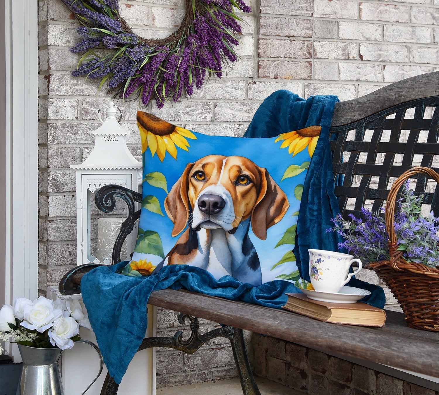 American Foxhound in Sunflowers Decorative Throw Pillow 18x18 Indoor Outdoor Accent Cushion, Fabric Cover with Insert for Sofa, Bed, Porch & Living Room