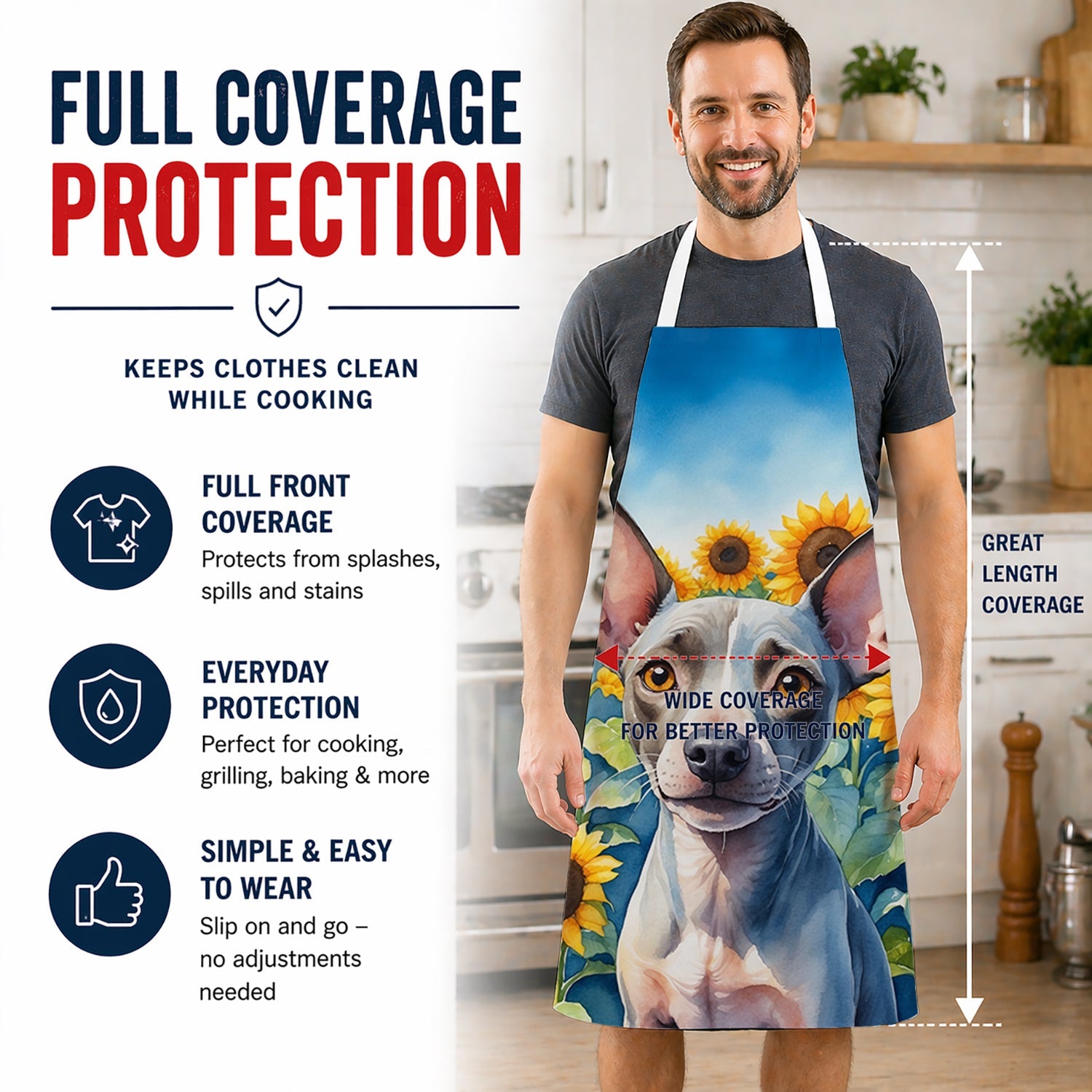 American Hairless Terrier in Sunflowers Apron Cooking Kitchen Server Baking Crafts Gardening for Adult Women Men, Unisex, Large, Multicolor