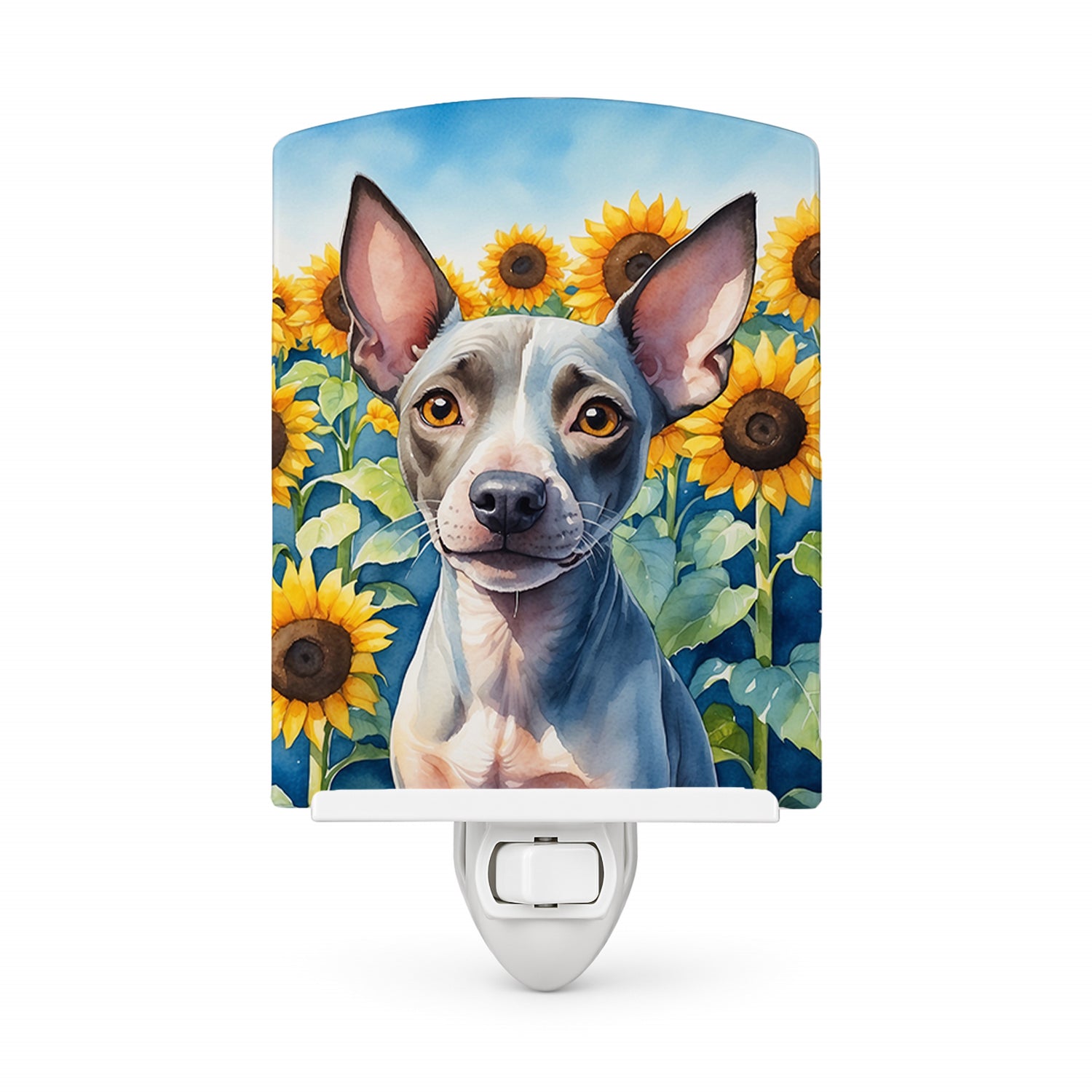 American Hairless Terrier in Sunflowers Ceramic Night Light Compact, UL-Certified, Ideal for Bedroom, Bathroom, Nursery, Hallway, Kitchen, 6x4x3, Multicolor