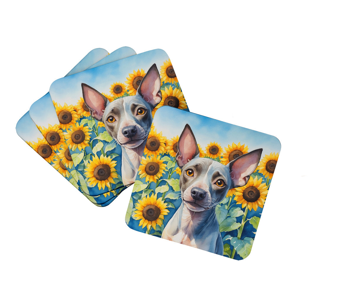 American Hairless Terrier in Sunflowers Foam Coasters Set of 4 Cup Coasters for Indoor Outdoor, Tabletop Protection, Anti Slip, Mouse pad Material