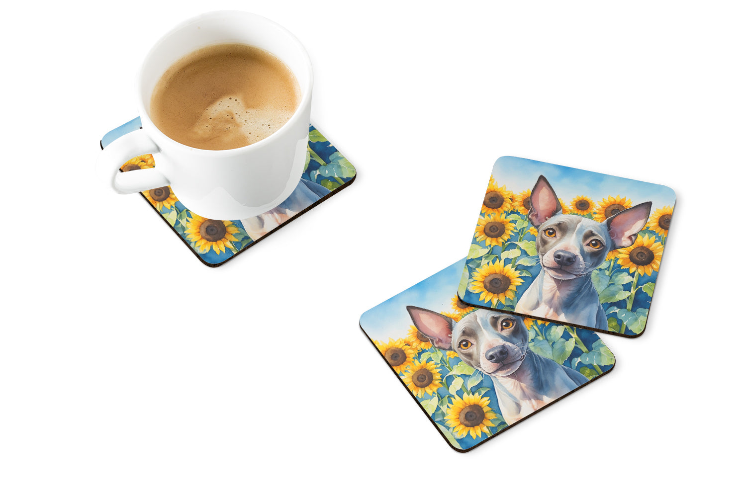 American Hairless Terrier in Sunflowers Foam Coasters Set of 4 Cup Coasters for Indoor Outdoor, Tabletop Protection, Anti Slip, Mouse pad Material