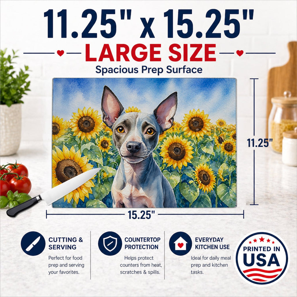 American Hairless Terrier in Sunflowers Cutting Board Tempered Glass Kitchen Cutting Surface, Heat Resistant Chopping Board with Non-Slip Feet, Decorative Food Prep & Serving